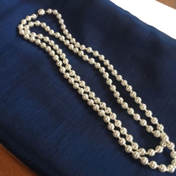 Long Faux Pearl Necklace with Silvertone Clasp - Picture 2 of 4